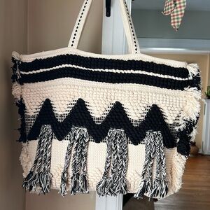 Chic Black and Cream Woven Tote Bag